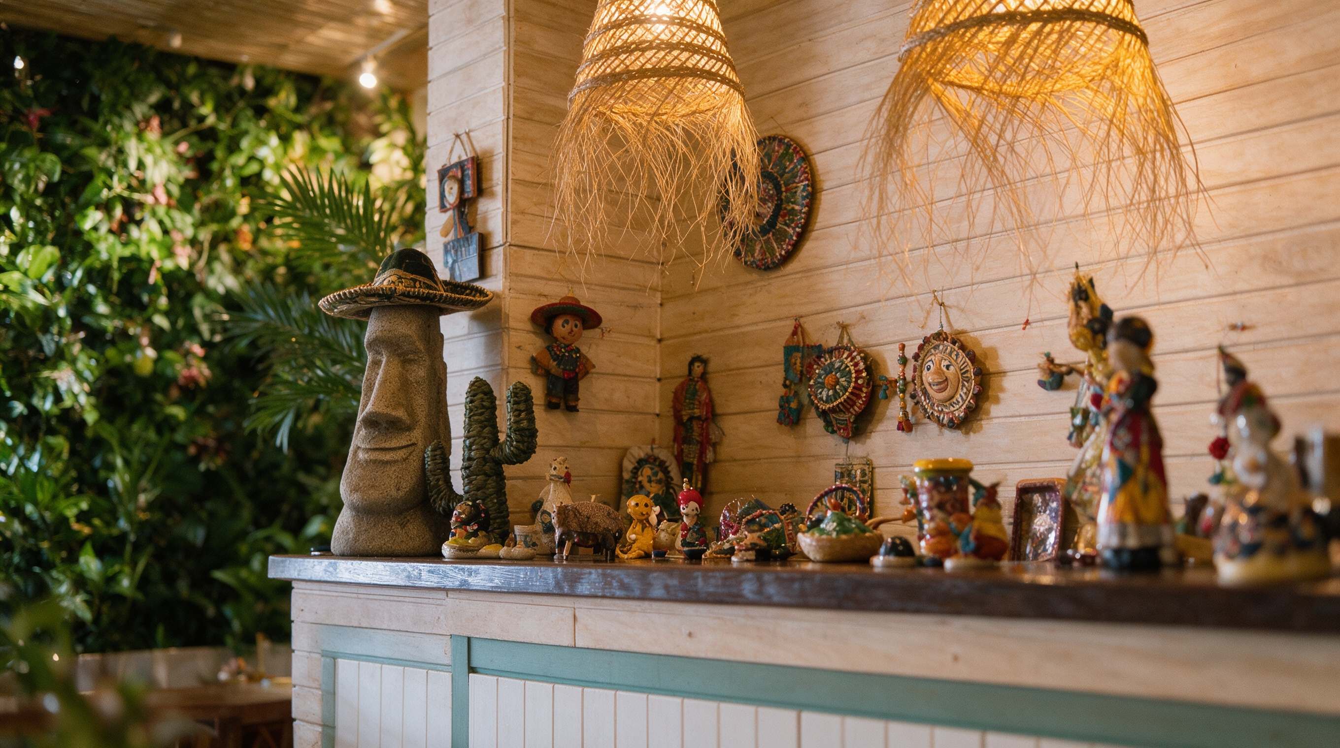 Rincón de Restaurante Mexicano Tulum con pared de plantas y barra de madera